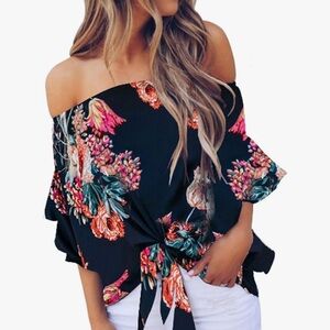 Floral Off-Shoulder Navy Tie-Front Blouse